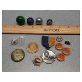 * marbles, 1958 labor button , 1942 swim metal &