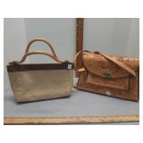 Hand tooled leather & tan brown wickerstraw woven
