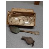 Vintage round eyeglasses,  Military spoon &