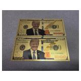 2 Trump $1000 gold foil novelty notes bills