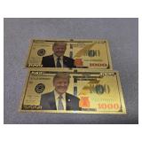 2 Trump $1000 gold foil novelty notes bills