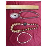 * shell, beads, handcarved wood & + necklaces