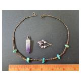 Amethyst Pendant, Turquoise Choker +