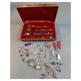 * earrings,  pin + & jewelry box