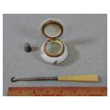 *Antique Ivory Button Hook, Thimble, Trinket Box