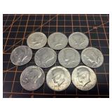 10 Kennedy half dollars silver