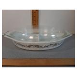 Vtg. Pyrex Black scroll divided casserole