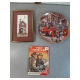 Fire fighter book, collector plate & artwork
