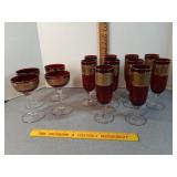 ruby red gold art glass fluted glasses +