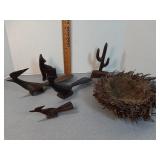 Woodcarving: birds, coyote,  nest +