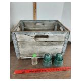 Vtg. wood metal milk crate & glass insulators +