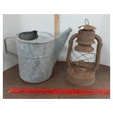 Vtg.  Galvanized metal watering can & lantern