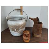 Vtg. Oil can, enamel pot +