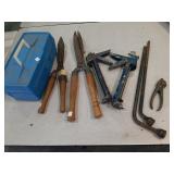 Tool box, caulk guns, tire Irons +