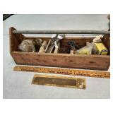 Vtg wood tool box and contents