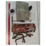Metal box of screws, ratchet strap, padlocks &