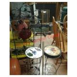 > Two metal plant stands and metal folding baker