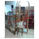 > Misc lot of Oak table, wicker shelving unit and