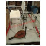 3 glass top end tables, rackets & more