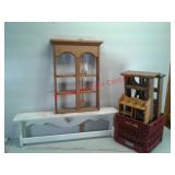 Wood trinket display shelves and plastic milk