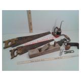 Various tools - wood plane, saws, hand drill and