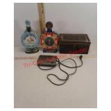 Whiskey decanter, metal box, weather radio