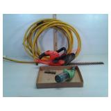 Watering hose hedge trimmer and hose nozzles