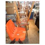 3 ORANGE CHAIRS, WOOD CHAIR & 4 BAR STOOLS (AS IS
