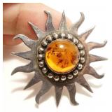 Sterling Silver & Amber Sun Brooch 8.6g