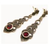 Sterling Silver Garnet Marcasite Earrings 5.6g