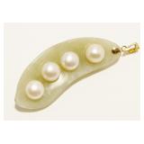 14K Y Gold Solid Jade & Pearl Pea Pod Pendant