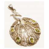 Sterling Silver Opal Peridot Peacock Pendant 3.4g