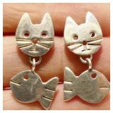 Mexican 925 Silver Cat & Fish Earrings 4g