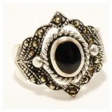 HAN 925 Silver Onyx Marcasite Ring Sz 9.25 4.1g