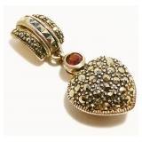 925 Silver Garnet & Marcasite Heart Pendant 7.8g