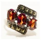 Sterling Silver Garnet Marcasite Ring Sz 7 3.4g