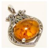 Vtg Amber, Marcasite Sterling Silver Pendant 7.4g