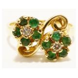 14K Y Gold Emerald Diamond Flower Ring Sz 5.5 2.7g