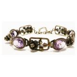 7" Vtg Floral 925 Silver & Amethyst Bracelet 12.2g