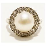 14K W Gold Diamond & Pearl Dinner Ring Sz 6.5 5.6g