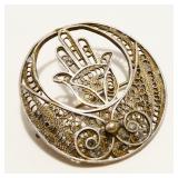 Sterling Silver Filigree Hamsa Brooch 4.1g
