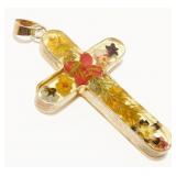 Sterling Silver Pressed Flower Cross Pendant 3.8g