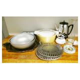 Bowls, Trivets, Kettle, Silver Plate Platter