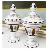 Bohemian Moser Glass Covered Compote/Candy Bowls