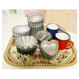 Baking Pans, Enameled Mugs & English Tray