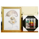 Signed Watercolor Cat Painting & Wall Mirror
