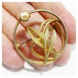 Vintage Gold-Tone Filigree & Faux Pearl Brooch
