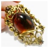 Vtg Intricate Gold-Tone w/ Glass Cabachon Brooch