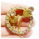 Vintage Gold-Tone Floral Circle Rhinestone Brooch
