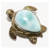 1" 925 Silver & Larimar Sea Turtle Pendant 7.2g